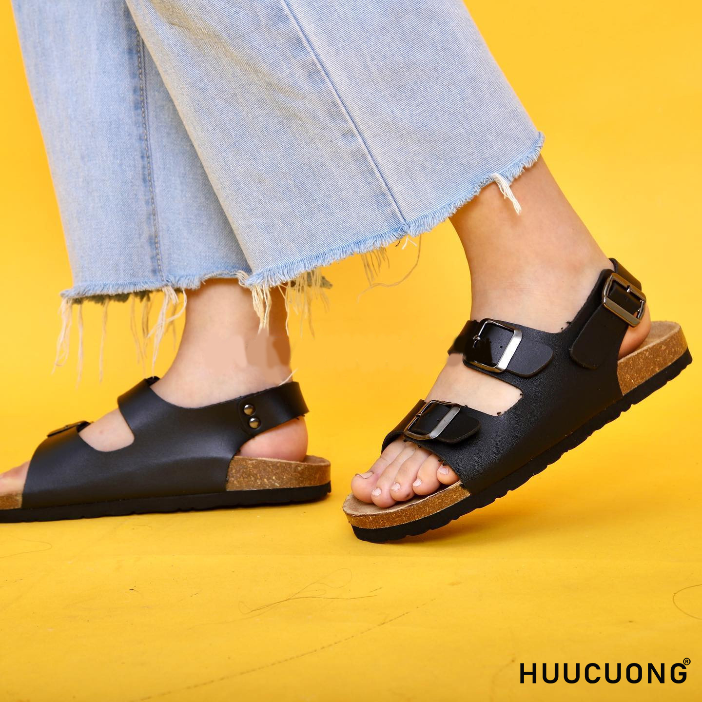Giày Sandal Đế trấu Unisex 2 khóa da pu đen