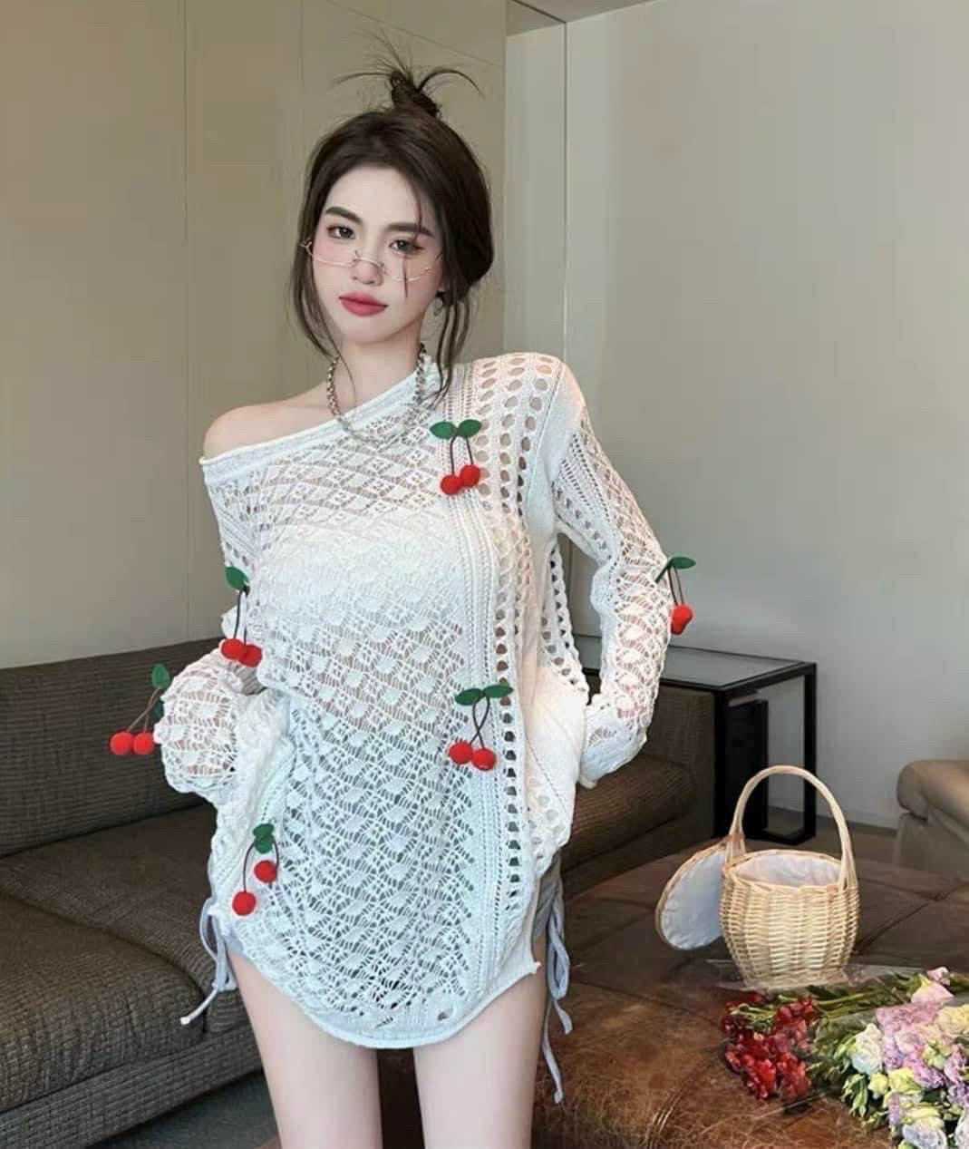 Áo len lưới cherry oversize form rộng siêu hot