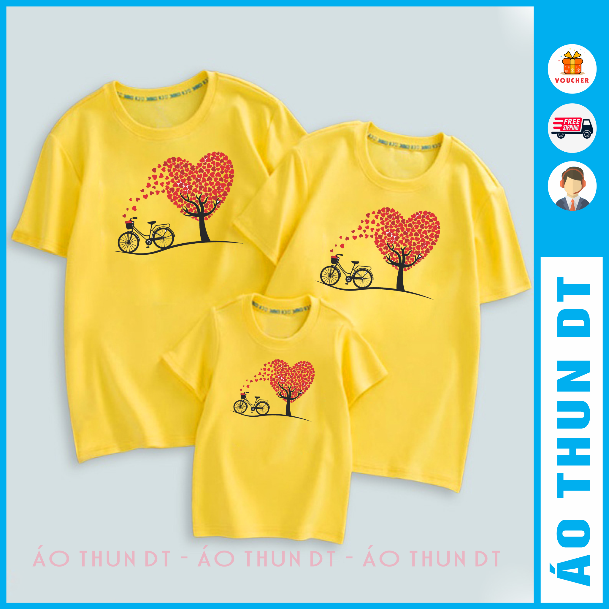 Áo gia đình, màu vàng, cổ tròn