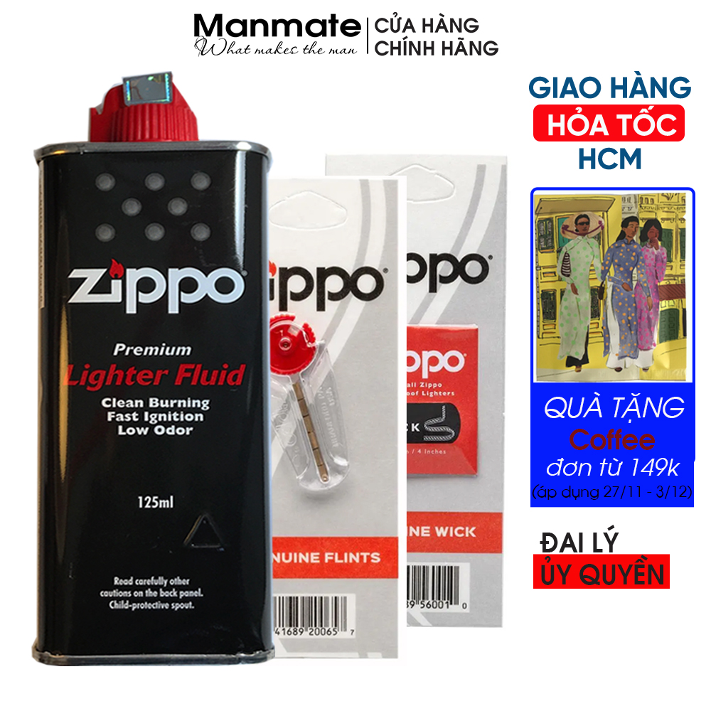 BÁO GIÁ BỘ 3 SẢN PHẨM XĂNG, ĐÁ, BẤC ZIPPO | Shopee Lazada Sendo Tiki mới nhất 4 Bộ 3 sản phẩm Xăng, Bấc, Đá Zippo Mỹ chính hãng (made in USA), có mã vạch kiểm tra chống hàng giả 125ml - Manmate Zippo