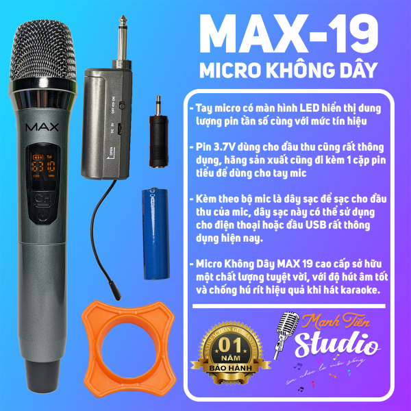 Micro không dây MAX 19 dành cho karaoke gia đình, hát live stream, loa kéo âm thanh trung thực và dễ sử dụng mic hút âm tốt nhẹ không rè chống hú bảo hành 12 tháng
