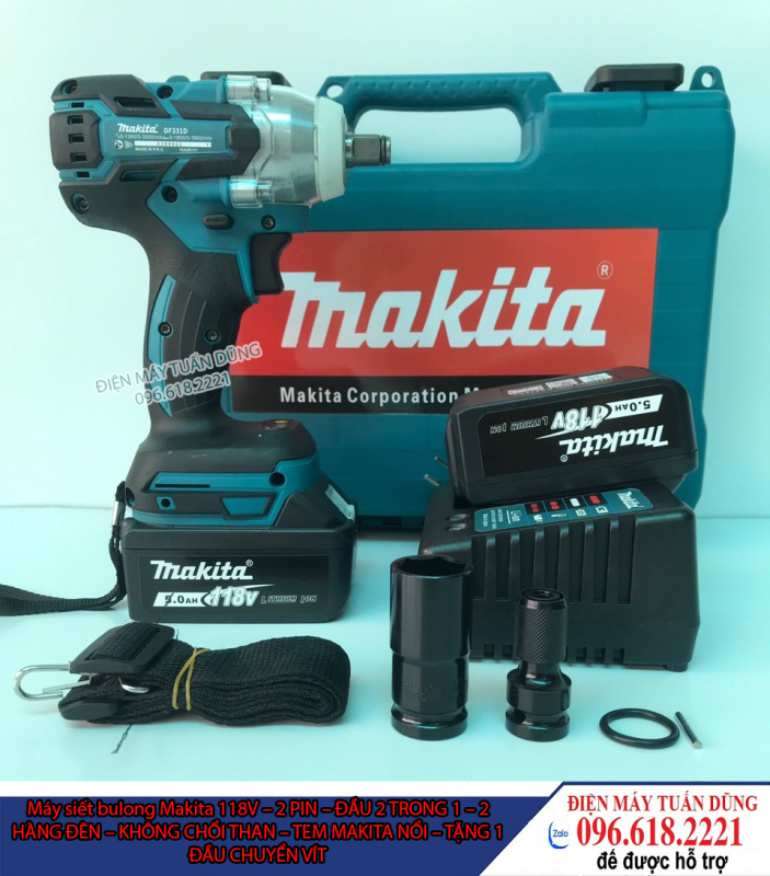 Máy siết bulong Makita 118v - 2 PIN - ĐẦU 2 TRONG 1 - 2 HÀNG ĐÈN - KHÔNG CHỔI THAN- TEM MAKITA NỔI - TẶNG 1 ĐẦU CHUYỂN VÍT