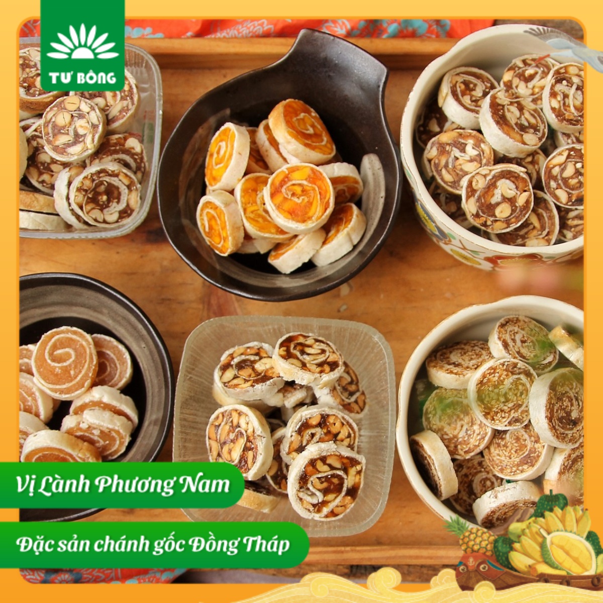 Trái Cây Cuộn Mix 4 Vị - Túi - Làm Từ Trái Cây Miền Tây, Ít Đường, Dẻo Giòn - Đặc Sản Chánh Gốc Đồng Tháp - Tư Bông