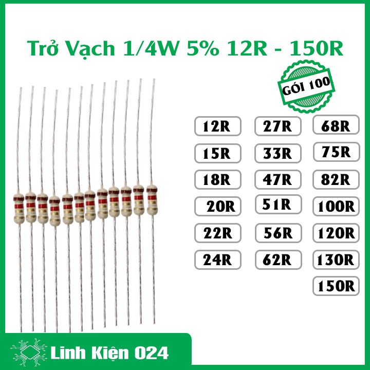 Gói 100 con trở vạch 1/4w 5% giá trị điện trở từ 12r - 150r