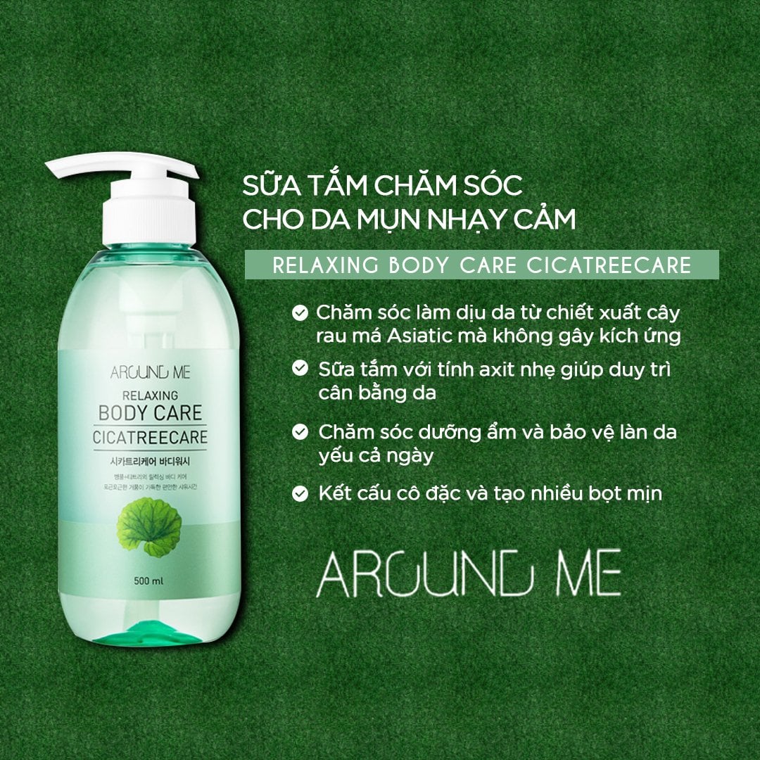 Sữa tắm chăm sóc da mụn nhạy cảm around me relaxing bodycare cicatreecare 500ml