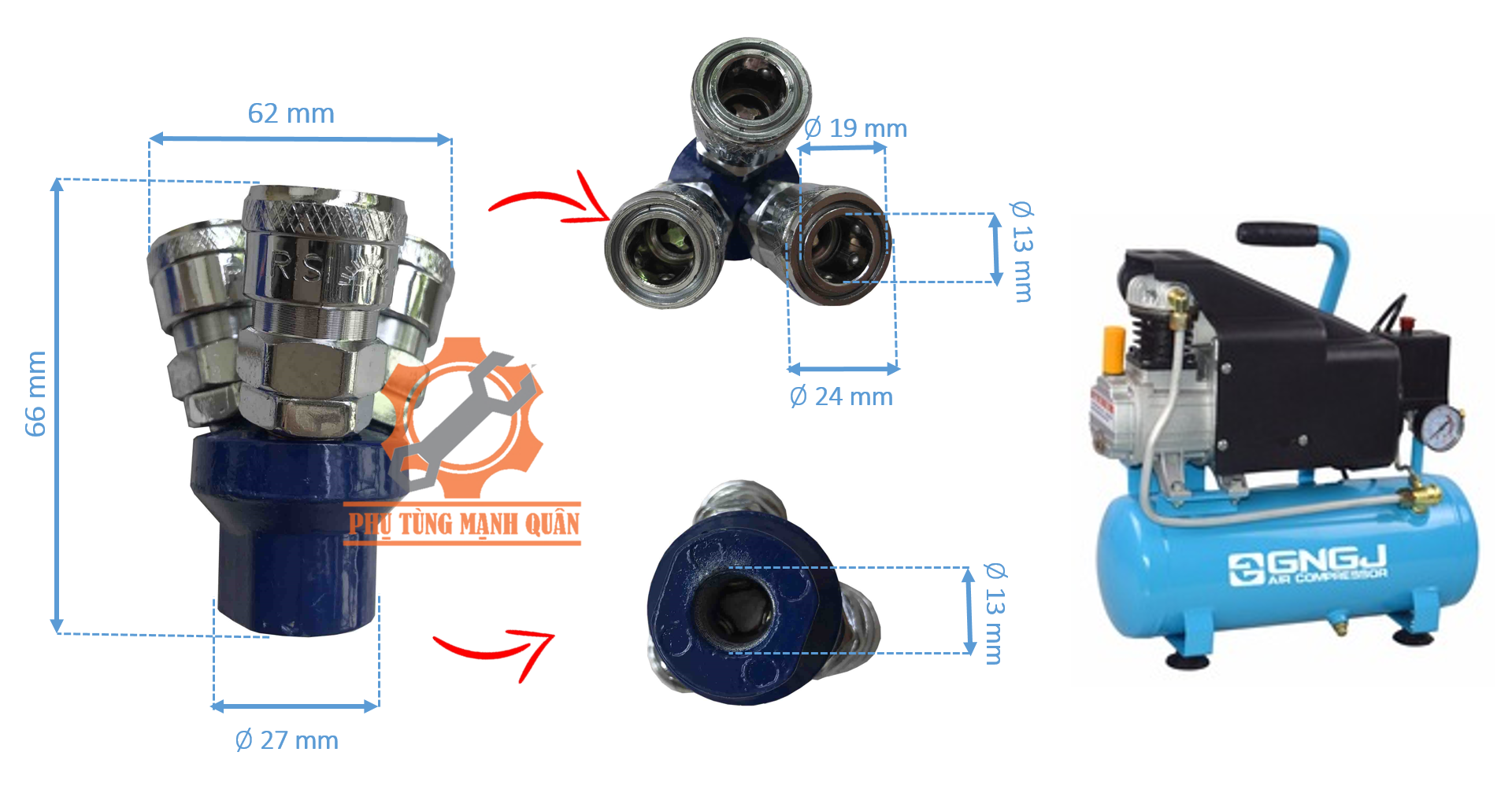 Bộ Chia 3 Chạc Hơi máy nén khí - Chia 3