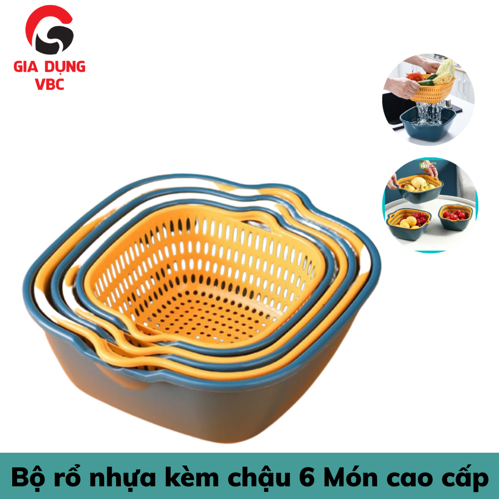 Bộ rổ nhựa kèm chậu 6 Món cao cấp 3 rỗ nhựa 3 thau nhựa rửa rau củ cao ...