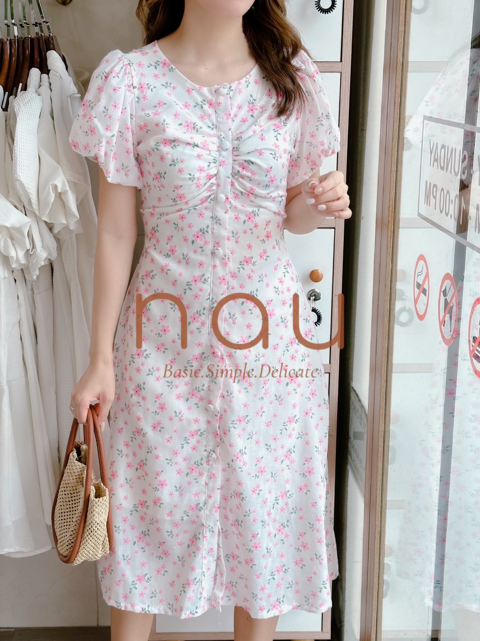 Đầm hoa nút bọc cổ tròn 3 màu