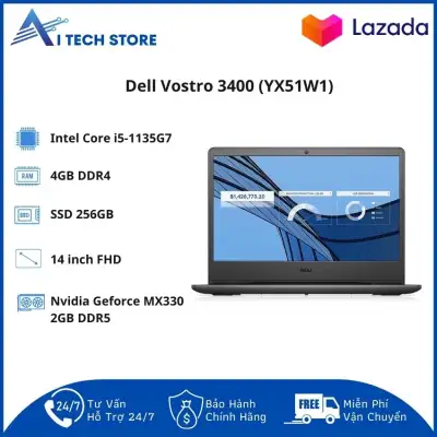 [Freeship] Laptop Dell Vostro 3400 14inch FHD (YX51W1)/ Core i5-1135G7/ RAM 4GB DDR4/ 256GB SSD/ 3 Cell 42 Whr/ Win 10SL/ 1 Yr/ Black -AI Tech Store- AI112 Hàng Chính Hãng, Mỏng Nhẹ, Cấu Hình Ổn Định Dùng Cho Văn Phòng, Thiết Kế