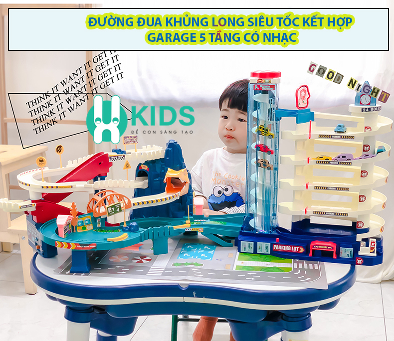 Bộ Đồ Chơi Đường Đua Khủng Long Siêu Tốc kết hợp Garage Đỗ xe 5 tầng kích thước lớn