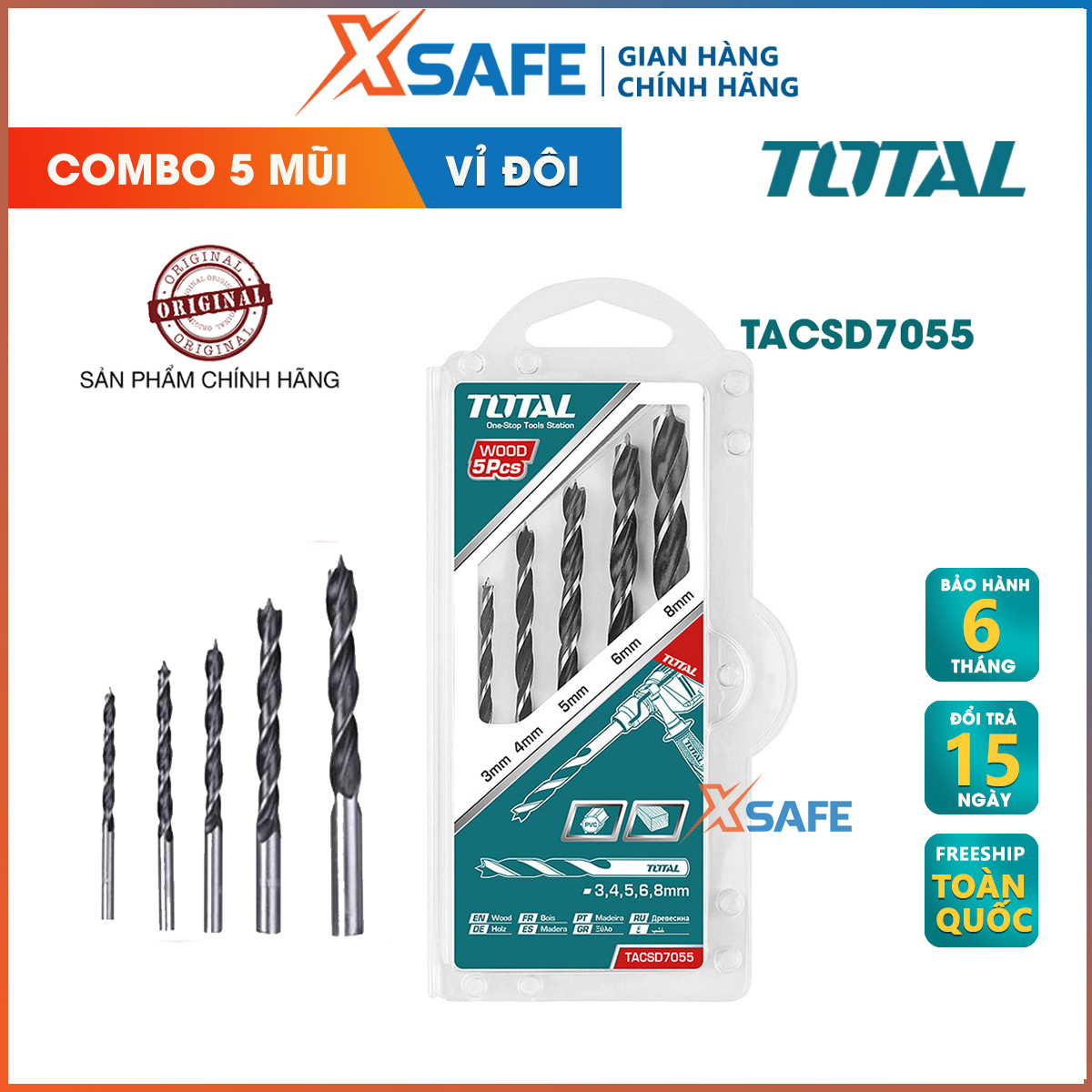 Combo 5 wood drill bits total TACSD7055 genuine. Wood drill bits 5 details Total non-corrosive, deformation, broken or bent when used as is made of steel material high grade-distribution genuine xsafe