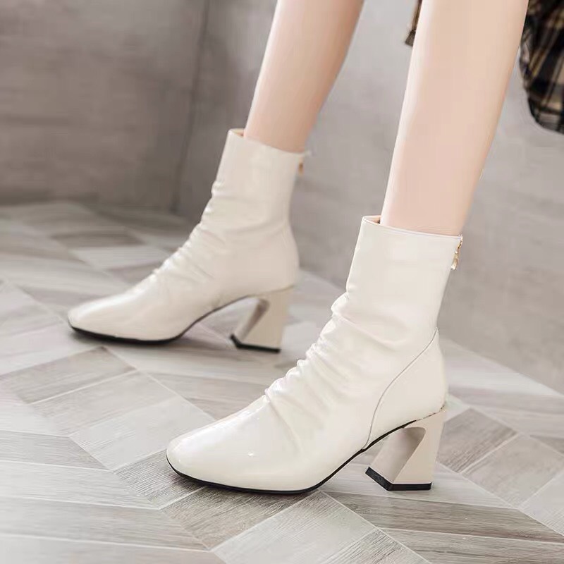 bốt nữ da bóng đế vuông 7cm, bốt nhăn da bóng mẫu hot 2021