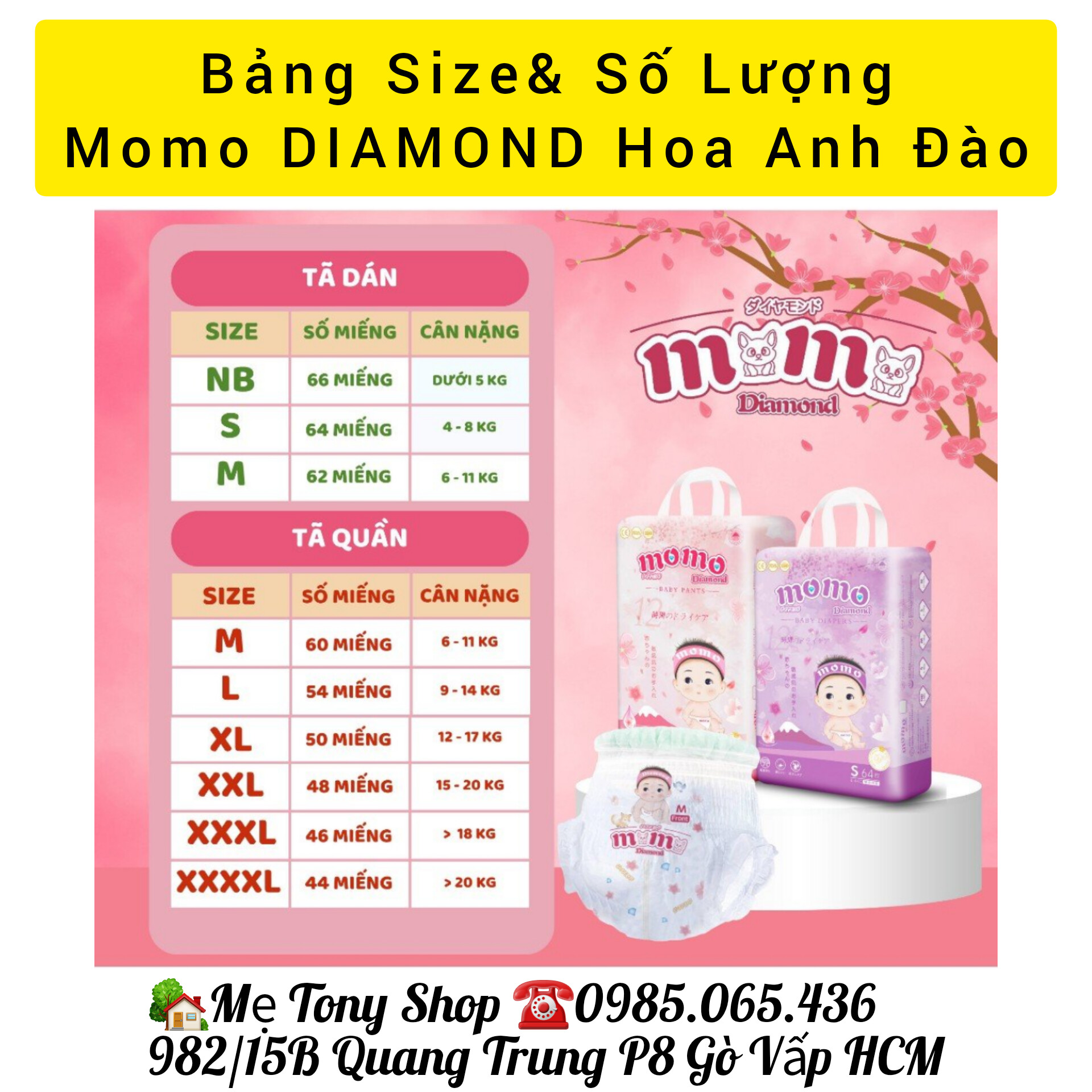 [Bao Ưng] Bỉm Tã Dán/Quần Momo Diamond Cao Cấp Đủ Size (Tinh Chất Hoa Anh Đào)