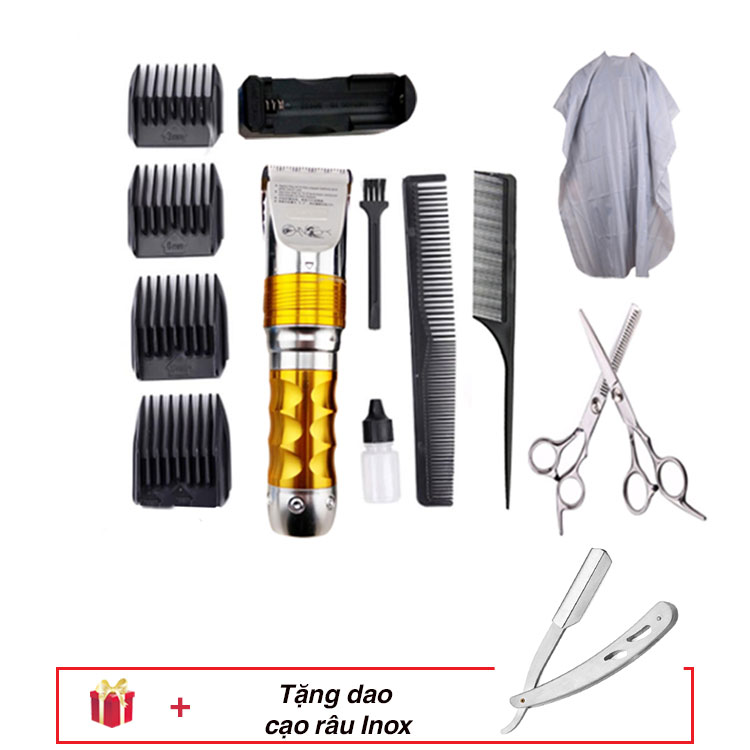 Combo Tông Đơ Cắt Tóc HuaErBo F10 + 2 lược + 1 bộ kéo + áo choàng cắt tóc + dao cạo Inox đa năng