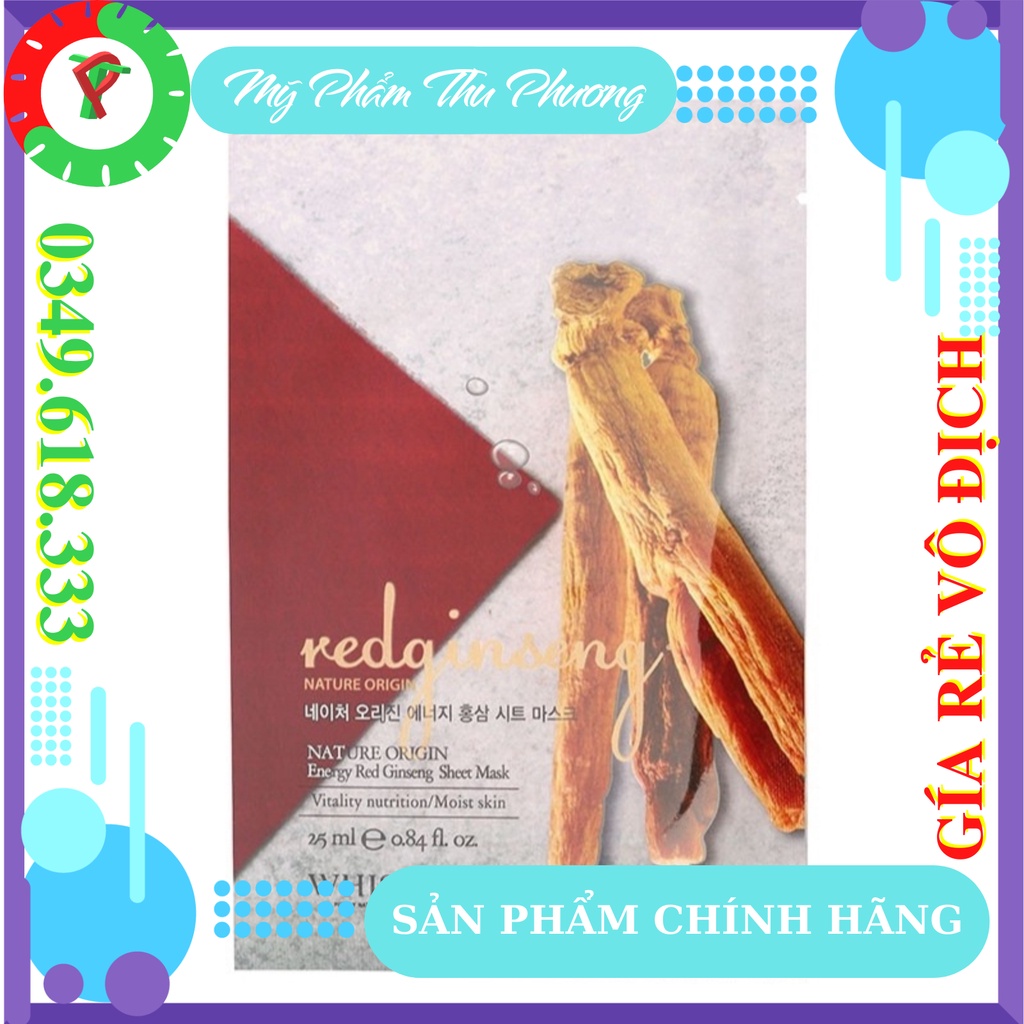 30 Mặt Nạ Hồng Sâm Whisis Nature Origin Energy Red ginseng Sheet Mask - Mặt Nạ Giấy Thiên Nhiên Dưỡng Da