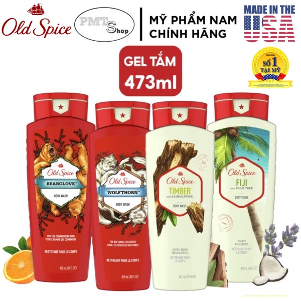 [USA] 1 chai Sữa tắm nam Gel Old Spice 473ml Timber | Bearglove | Swagger | Fiji | Wolfthorn | Tắm gội 2in1 532ml - Mỹ