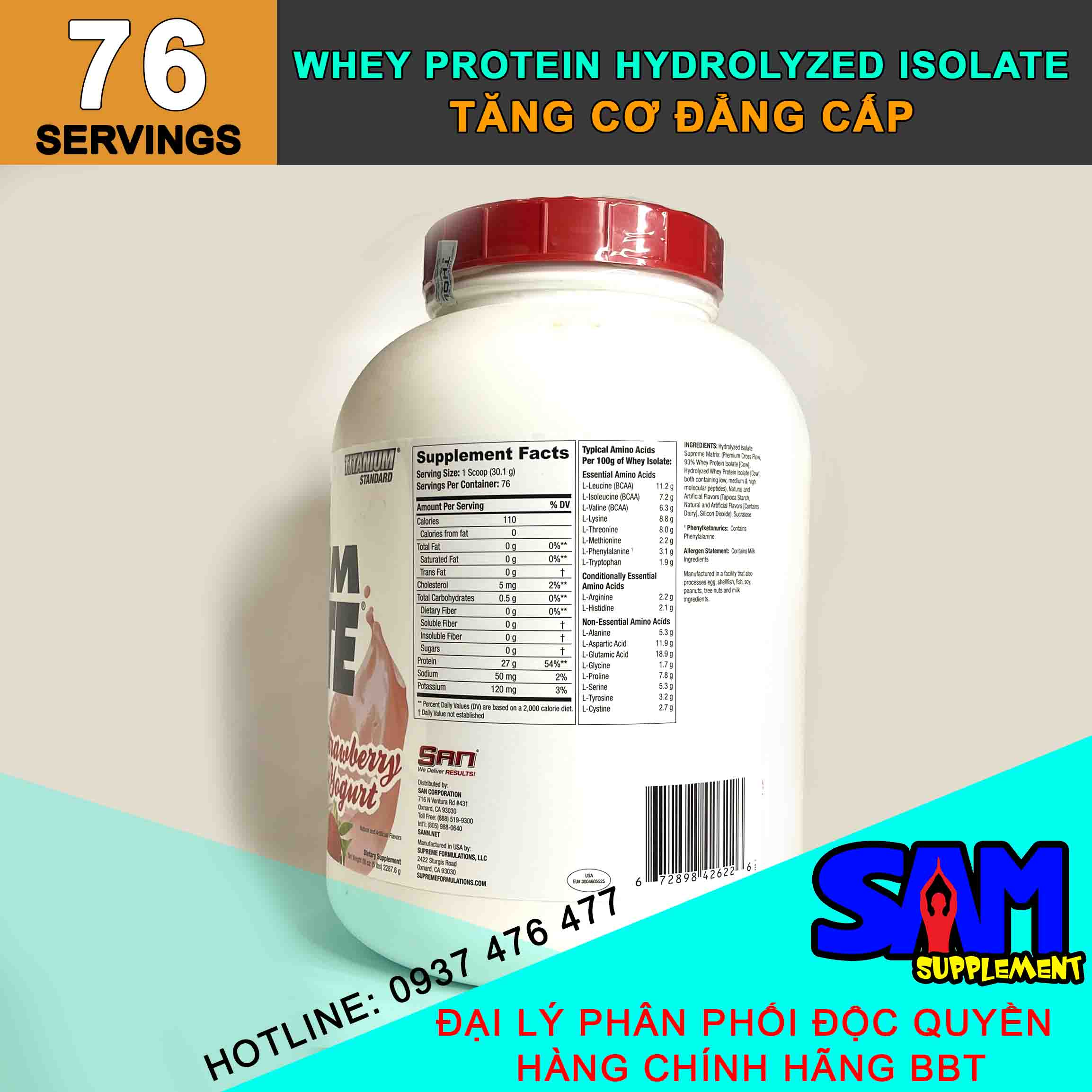 [Hàng Chính Hãng] S.A.N Titanium Isolate - Whey Protein Hydrolyzed Isolate siêu tinh khiết - Hấp thụ cực nhanh - Tăng cơ cực đỉnh - Tem nhãn chính hãng BBT, THOL