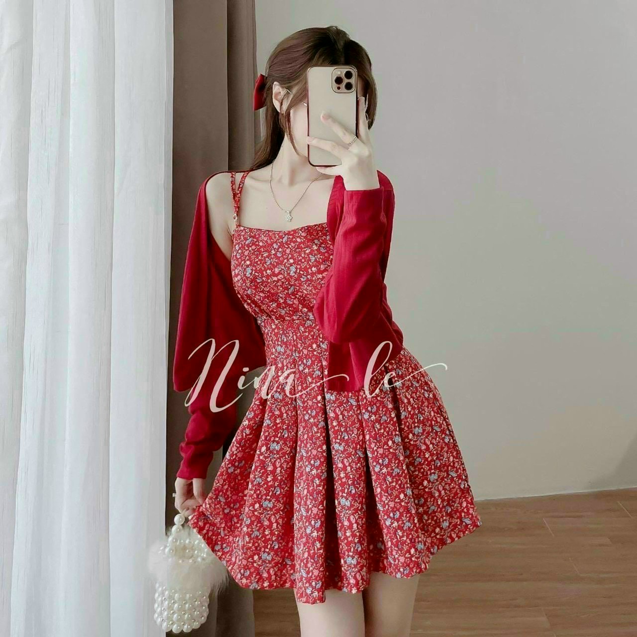 Set Đầm Lụa 2 Dây Có Mút Gân Phối Áo Khoác Siêu Dễ Thương