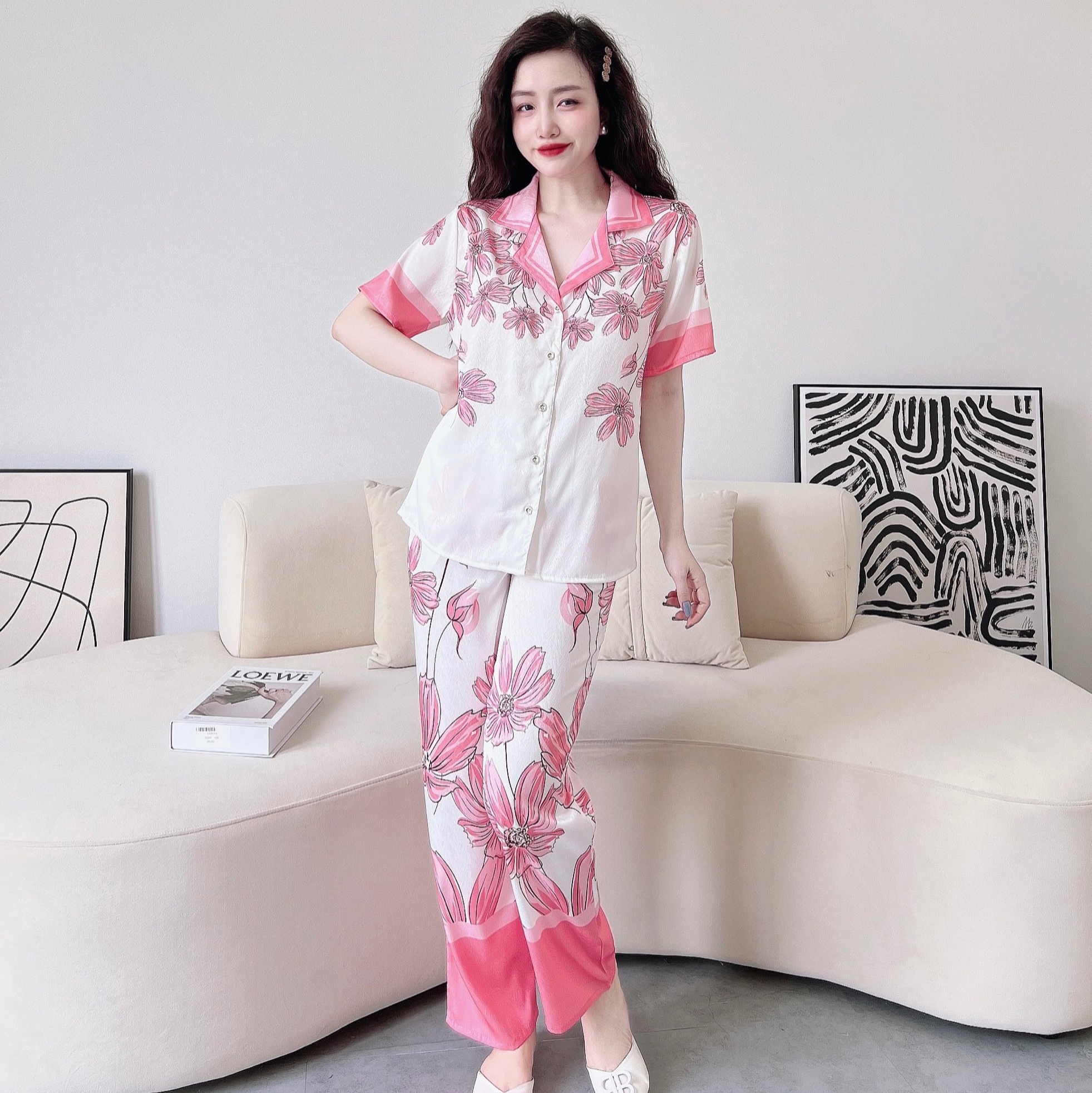 Bộ Pyjama lụa xước ánh kim cao cấp (free size: 45kg đến 65kg) HÀNG THIẾT KẾ MỚI.