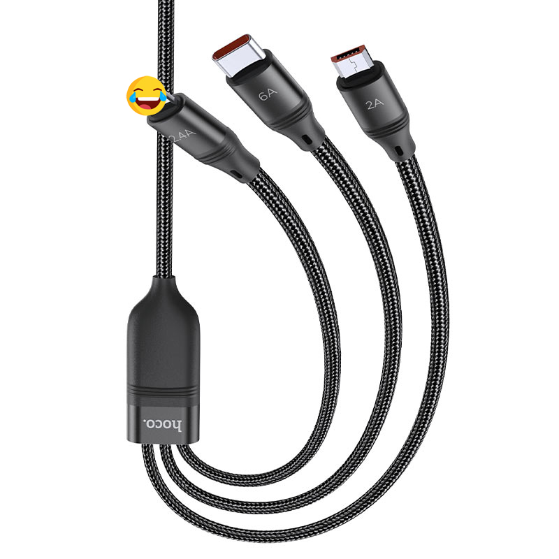 Cáp sạc 3 đầu Hoco U104 cổng microUSB / Lightning / Type-C dài 1.2M, max 6A, 66W - Nhất Tín Computer