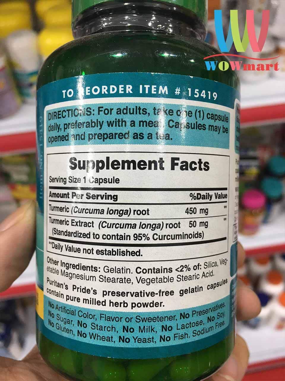 [HCM]Tinh chất Puritan’s Pride Turmeric Curcumin 500mg 180 viên