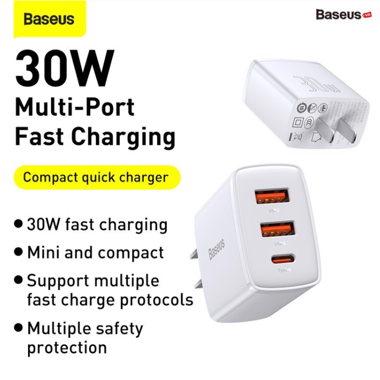Củ Sạc Nhanh Baseus 30W Compact Quick Charger ( USB Dual Port + Type C, 30w PD / QC3.0 Multi Quick Charge Support )
