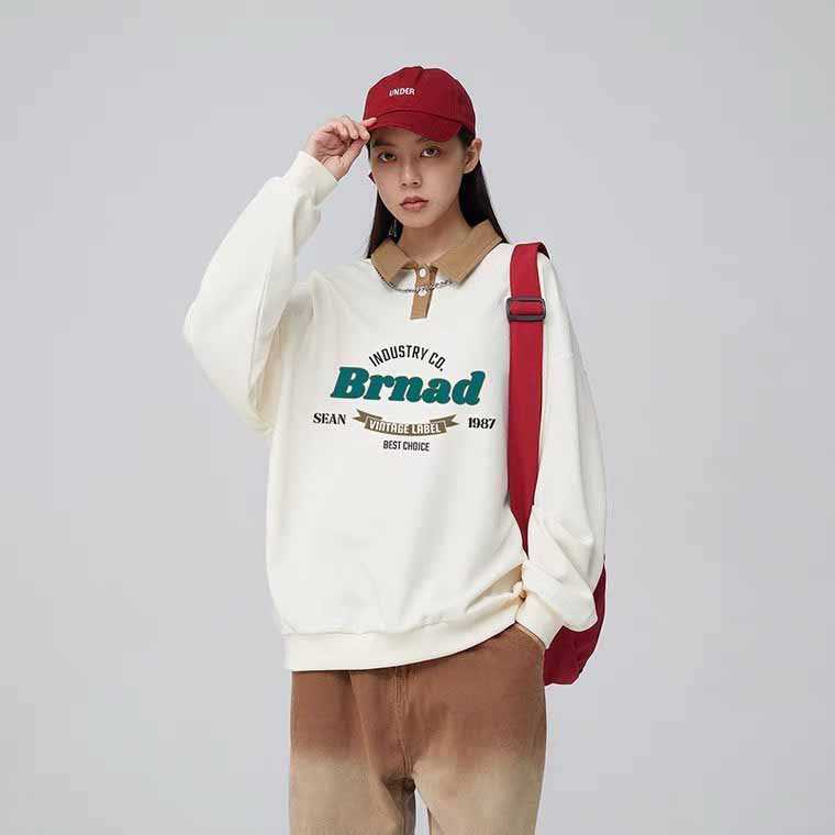 SWEATER Áo Nỉ Áo Hoodie Nữ Cổ Polo Brnad Phong Cách Đại Học Màu Sắc Tương Phản Mùa Xuân Và Mùa Thu 2024 Áo Khoác Có Mũ Dáng Rộng Thêu Chữ Mới Màu Sữa Ngọt Ngào - G5.shop