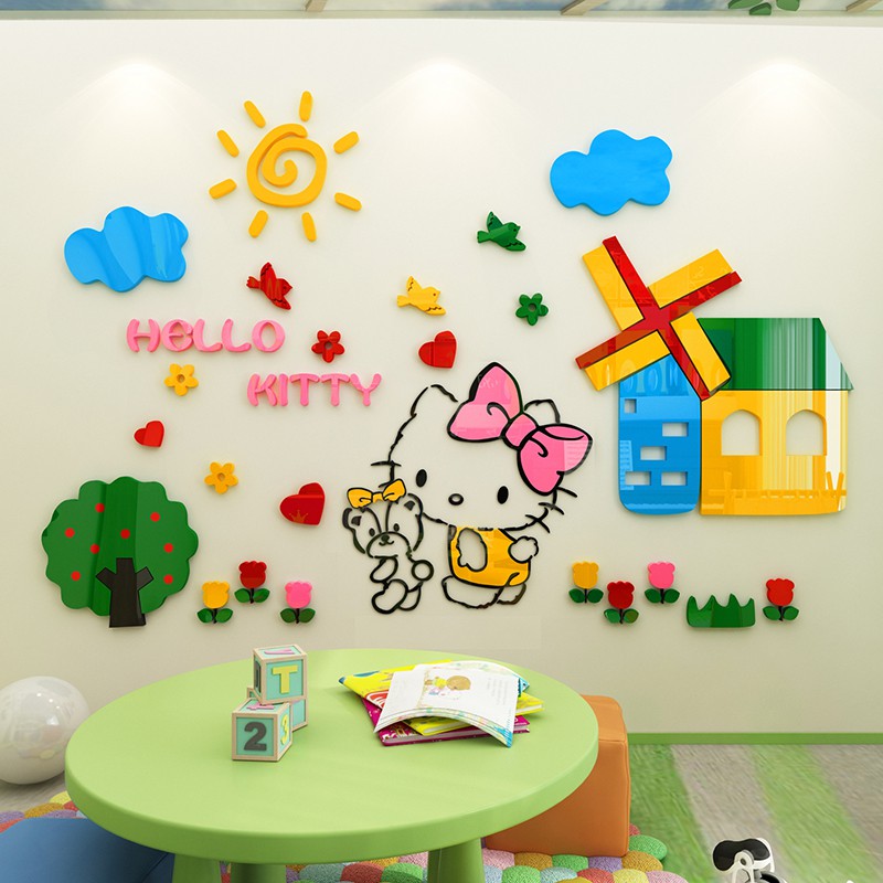 Tranh mica EPeBen dán tường nổi 3d hình khu vườn của hello kitty decor trang trí mầm non, phòng cho bé