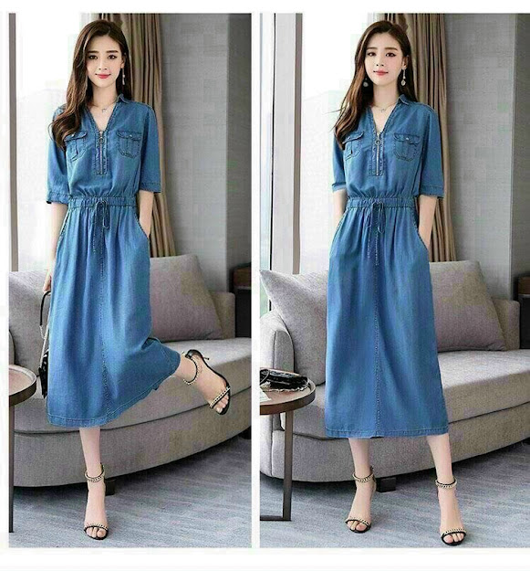 Đầm jean xoè phối dây rút eo
