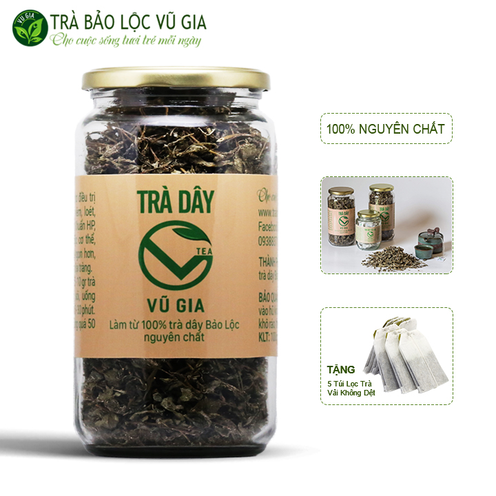Trà Dây Nguyên Chất Vũ Gia (100g/hũ)  + Tặng 5 Túi lọc trà - Hỗ trợ dạ dày tiêu hóa, giảm cân an toàn, hỗ trợ bệnh tim, cải thiện mất ngủ, giảm stress hiệu quả - Đã được kiểm nghiệm y tế