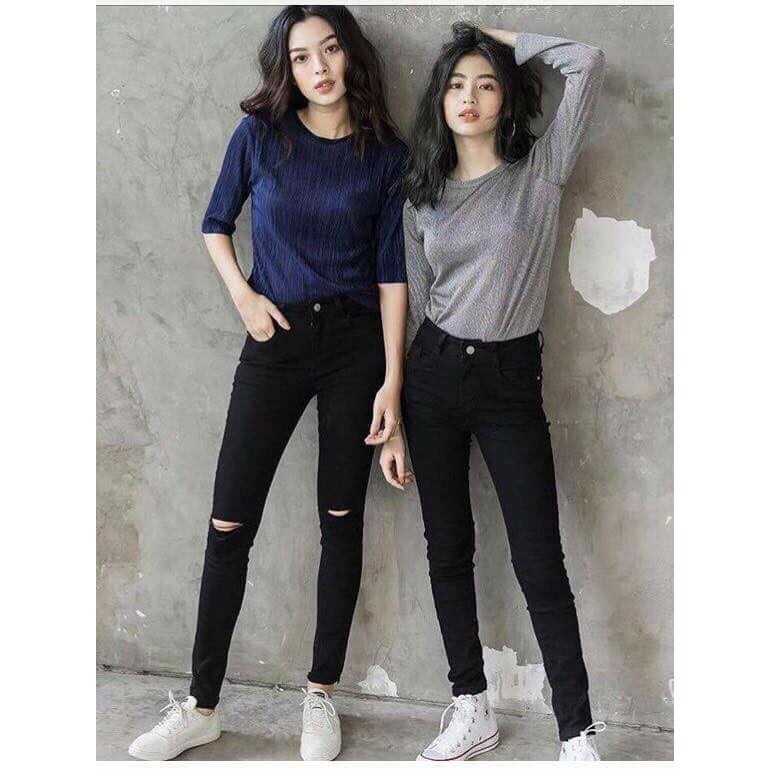 Quần jean nữ dài màu đen tuyền lưng cao co dãn mạnh, rách kiểu dành cho Big Size 2707 - MoliJeans