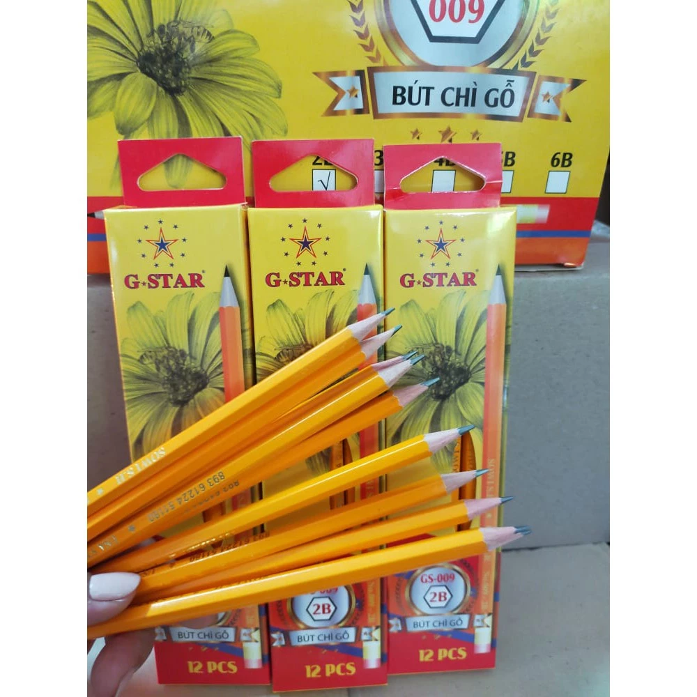(Hộp 12 Cây) Bút chì gỗ 2B thân vàng GSTAR 009 bền đẹp có gôm