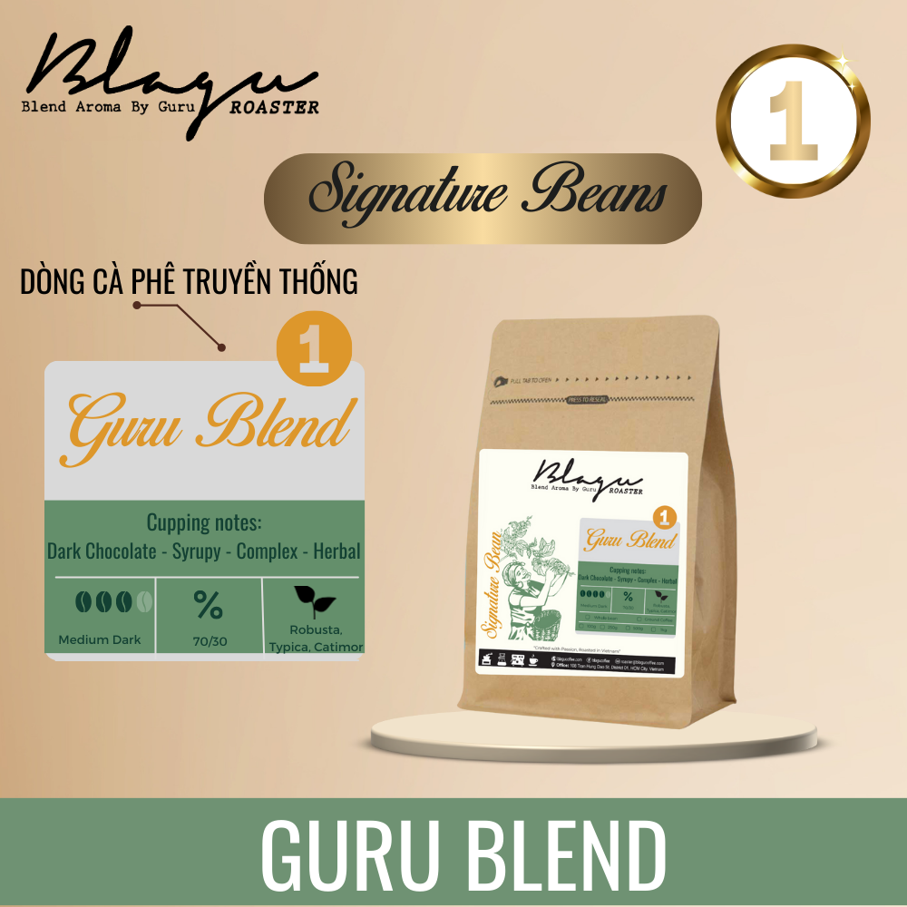Cà Phê Blagu Hạt Đã Rang, Guru Blend 1 - Dòng Cà Phê Truyền Thống - Medium-Dark - 250g
