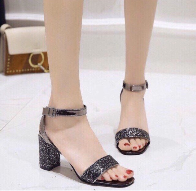 [HCM]Giày SANDAL gót vuông 7 phân bọc kim tuyến đá [CÓ SẴN]