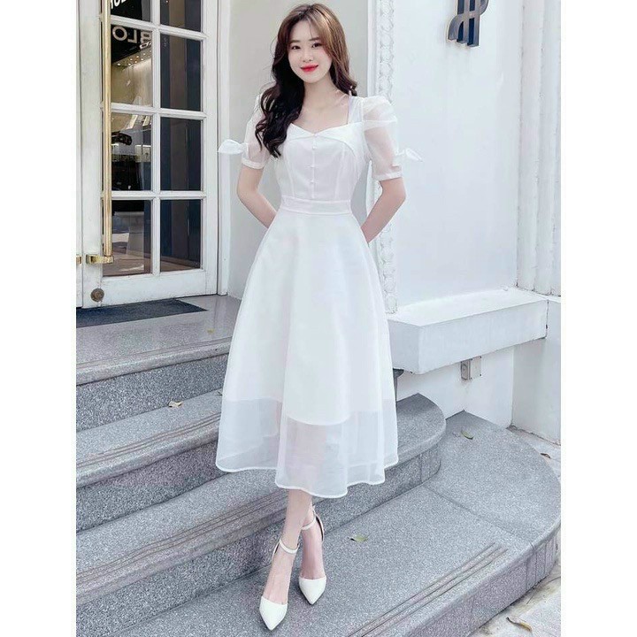 [Mới] Đầm Voan Cổ Vuông Tay Nơ Kết Cườm
