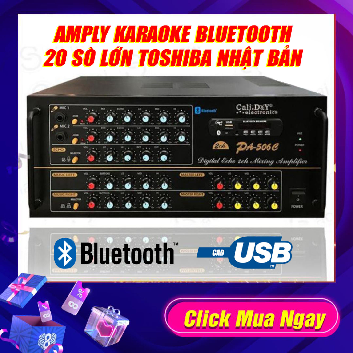 Amply Karaoke amply Cali.D&amp;Y PA-506C 20 sò lớn Toshiba-1080W-4 đường tiếng-công suất lớn (tặng 10m dây loa) Amply 20 Sò Bluetooth Sân Khấu Karaoke Hội Thảo Gia Đình Cali.D&amp;Y PA-506C