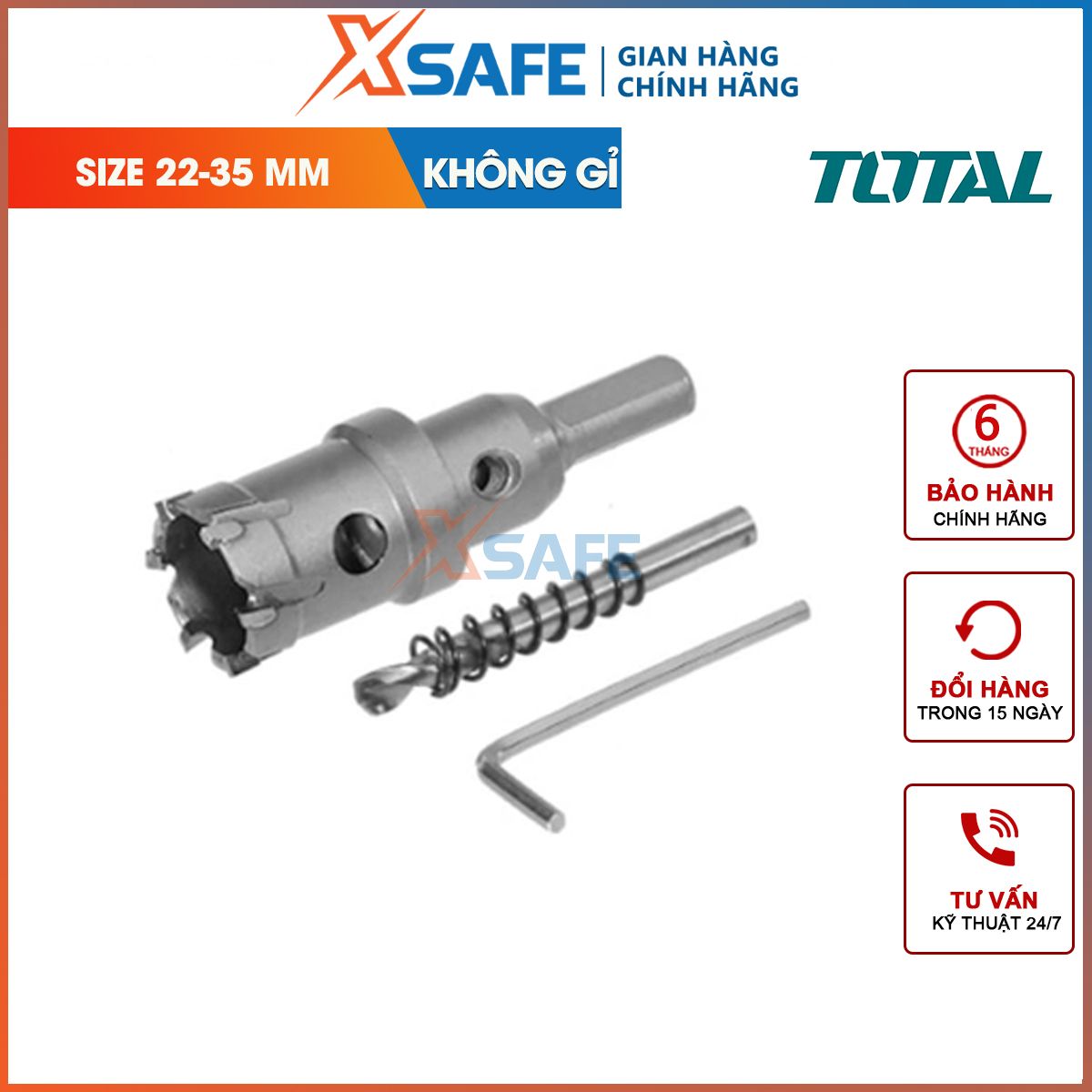 Mũi khoan lỗ phi 22mm mũi khoét lỗ hợp kim TCT 20mm khoan sắt, thép, inox Total TAC48201 khoét sâu 26mm. chuôi tam giác size: 10mm khoan lỗ 6mm
