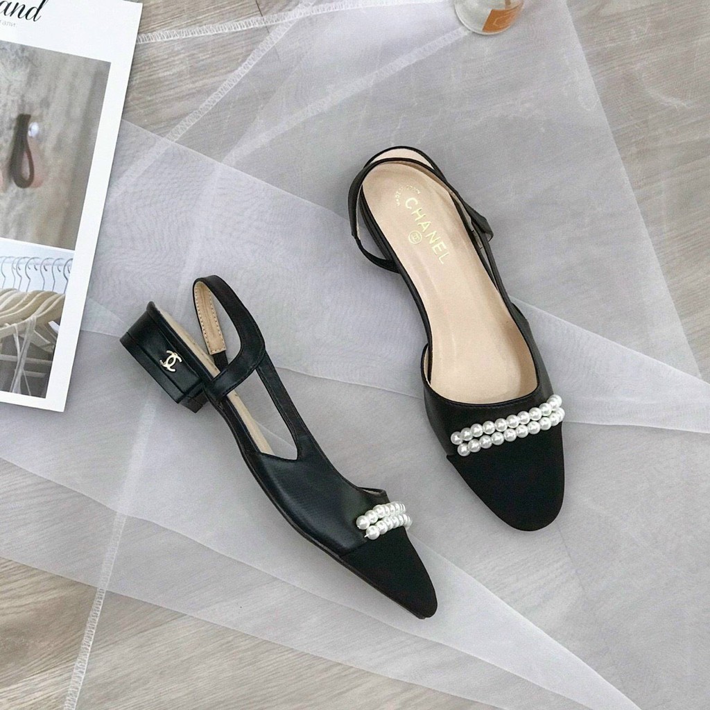 Giày búp bê hở gót 2p đính ngọc phong cách tiểu thư