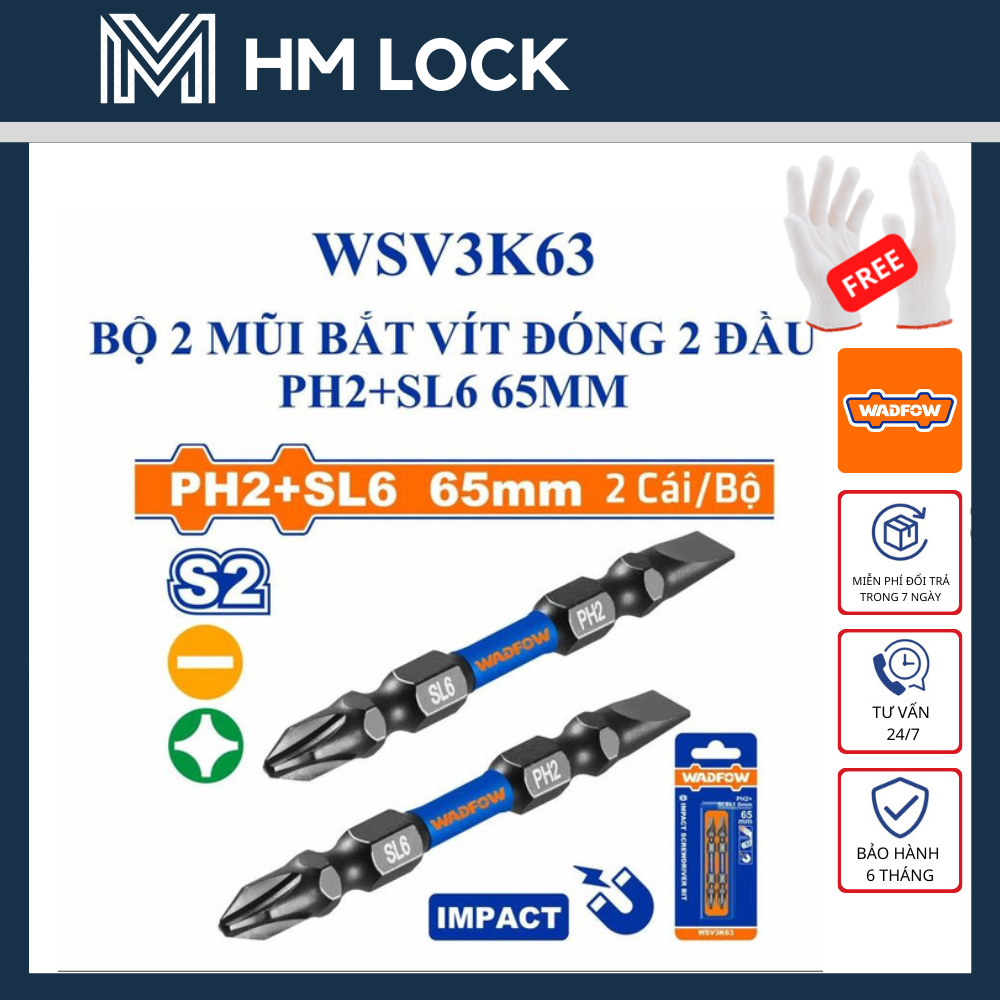Bộ 2 mũi bắt vít đóng 2 đầu ph2+sl6 65mm wadfow - hàng chính hãng - wsv3k63 - hm lock