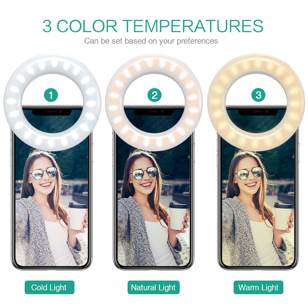 KIPRUN Selfie Ring Light [3 Light Modes] [Rechargeable], Clip on Phone Camera LED Light, Adjustable Brightness Selfie Circle Light for iPhone X Xr Xs Max 7 8 Plus 11 Pro Android iPad Laptop