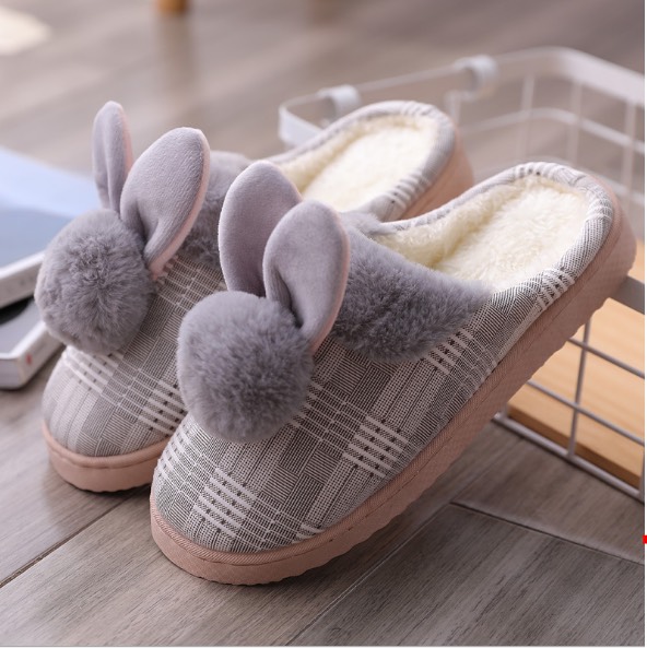 Dép lông mang trong nhà caro hình thỏ, Dép Lông Mang Trong Nhà Sọc Caro Sang Trọng, Dép lông tai thỏ dễ thương, sang chảnh mang trong nhà