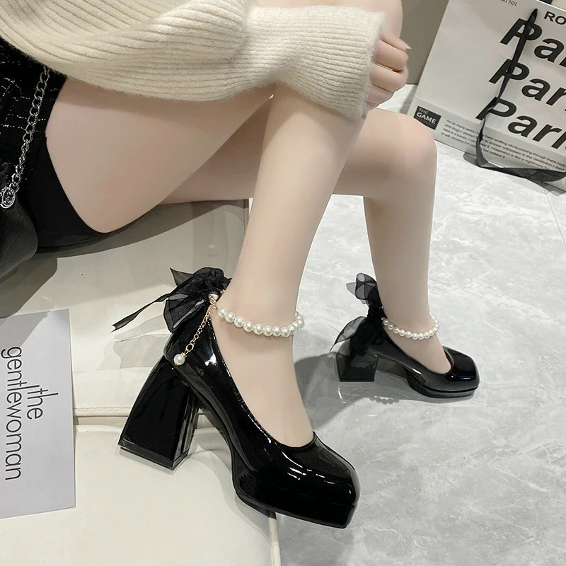 Giày sandal đúp nữ quai ngọc gót vuông da bóng độn đế 10cm giày bít gót đế cao cấp