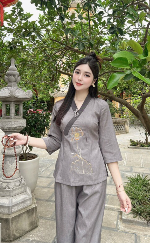 Pháp phục đi chùa đi lễ thêu sen cổ Y