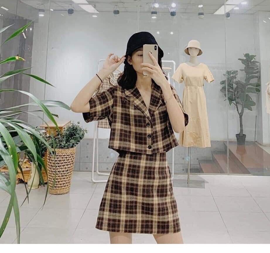 Nguyen thuy975798 store set váy kẻ caro set đồ nữ cổ vest đơn giản dễ mặc