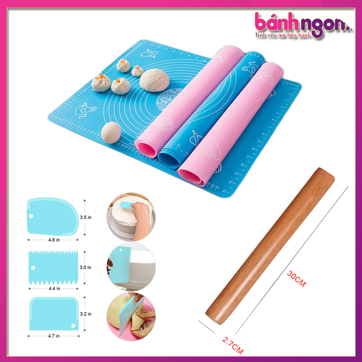 Tấm lót nhào bột silicon 50x40cm + cán lăn bột gỗ 30cm + Miếng cắt bột nhựa