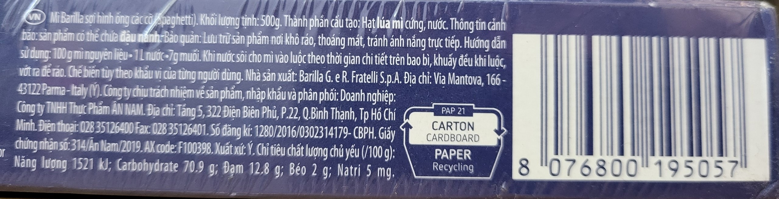 BARILLA (hộp 500g / SỐ 5) MÌ SỢI HÌNH ỐNG CÁC CỠ No 5 Spaghetti Pasta (HALAL)