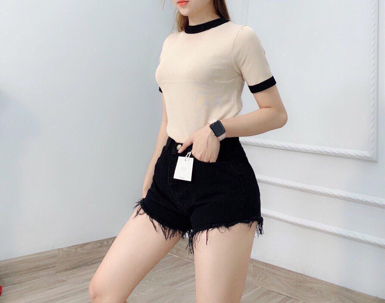 quần short jean nữ ĐEN - TRẮNG TUA LAI  3F1