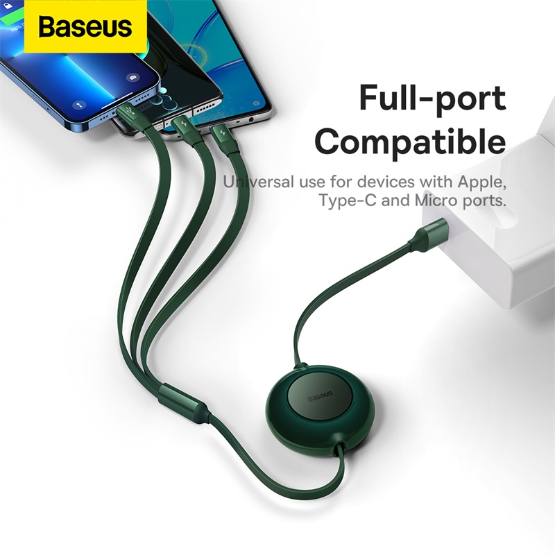 Baseus 3-in-1 Type C USB Cable Retractable Fast Charging Data Cable USB to M+L+C 3.5A 1.1m for iPhone  14 13 12 Pro Huawei Xiaomi Samsung Micro USB C Cord