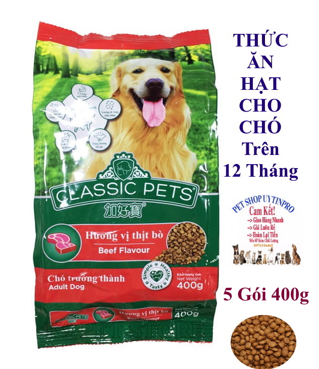 [Hoàn tiền 10%]  Combo 5 Gói Thức ăn hạt cho Chó trưởng thành CLASSIC PETS Gói 400g Vị thịt bò Bổ sung dinh dưỡng cho tất cả các giống Chó - Pet shop Uytinpro