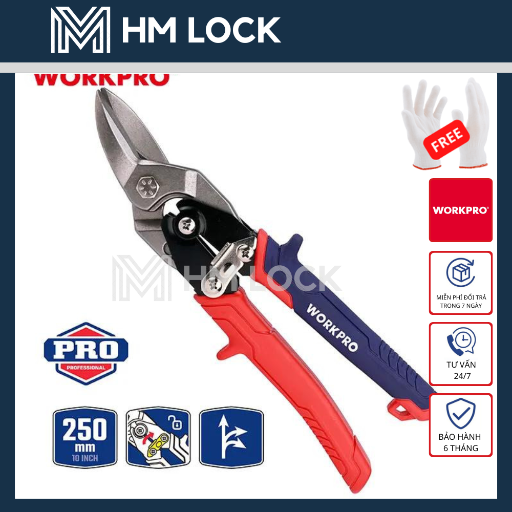Kéo cắt tôn bằng thép mũi thẳng, cong trái, cong phải thép rèn cr-mo workpro 250mm - hàng chính hãng - wp214021